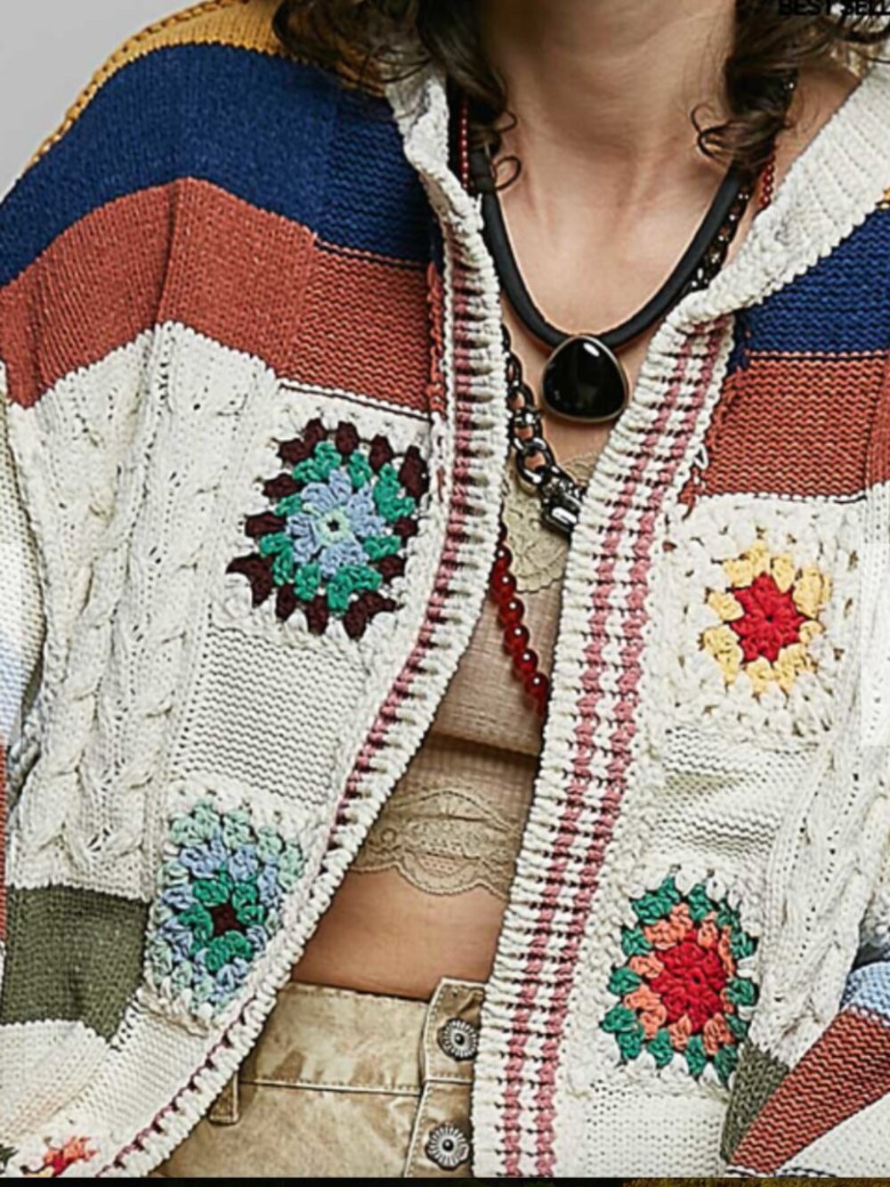 POL Patchwork Knit Cardigan | Chunky Boho Crochet Sweater Jacket NEW